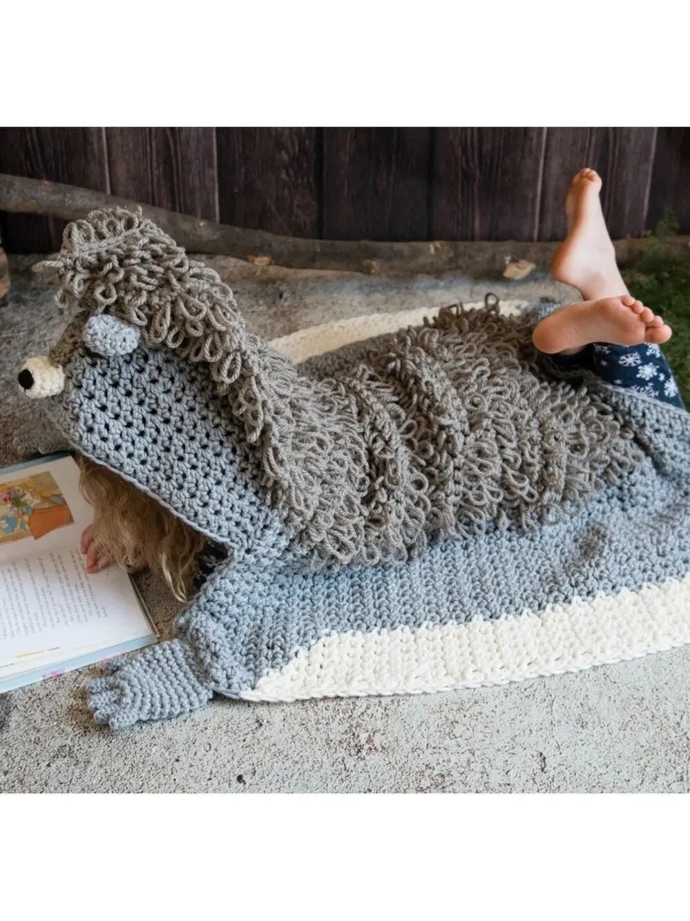 HAND MADE Kids Crochet Animal Squirrel Hooded Blanket Grey Black White Tan